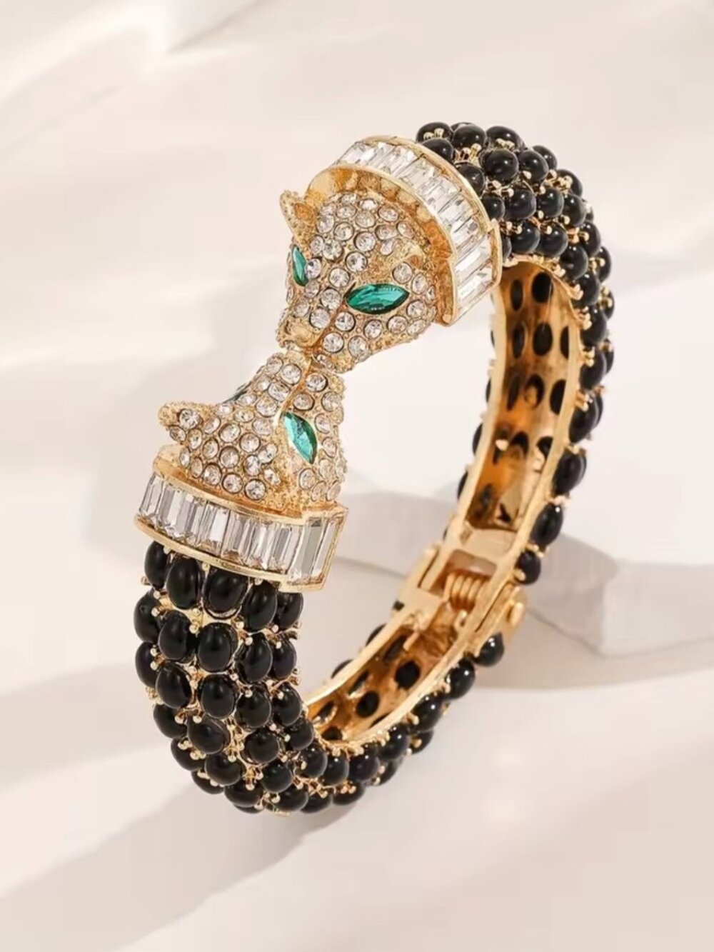 Black Beaded Panther Bracelet | Gold Tone Crystal Leopard Statement Bracelet | E